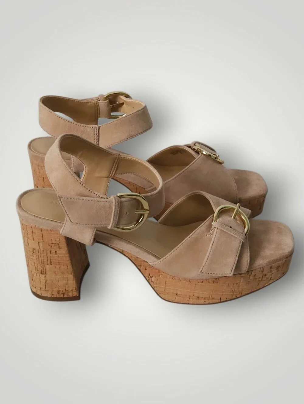 Ann‎ Taylor Suede Cork Platform Sandals Women's 8M Tan Nude Block Heel Buckle